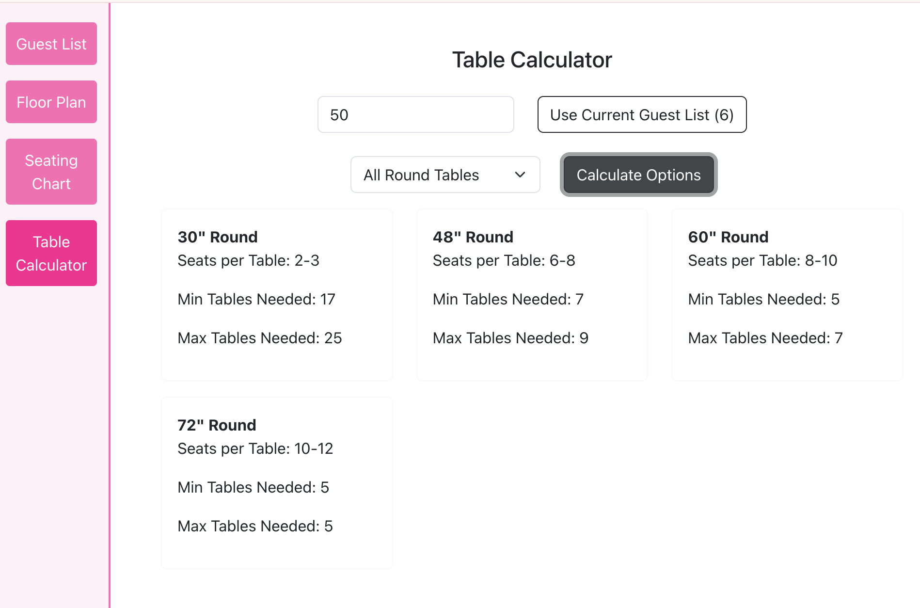 Wedding Planner Table Calculator 2
